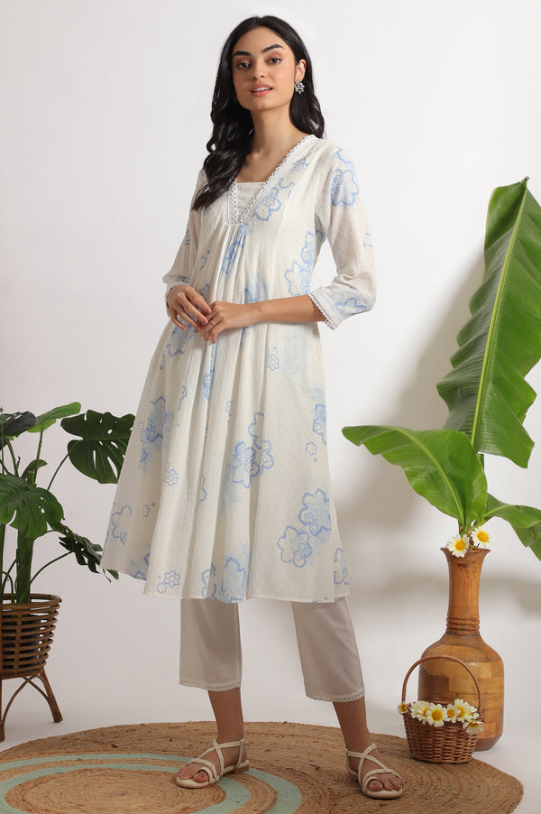 White Floral Printed Cotton Swiss Dot Kurta and Pants Co-ord Set