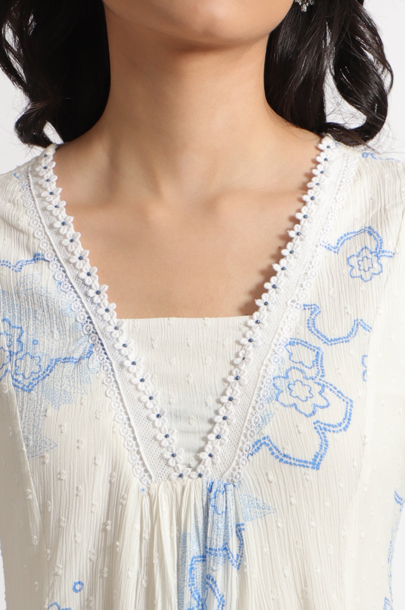 White Floral Printed Cotton Swiss Dot Kurta and Pants Co-ord Set