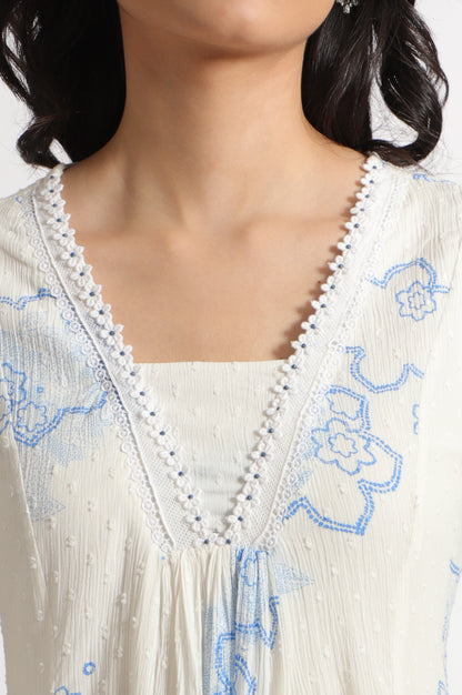 White Floral Printed Cotton Swiss Dot Kurta and Pants Co-ord Set