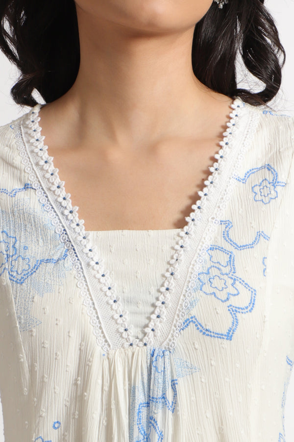 White Floral Printed Cotton Swiss Dot Kurta and Pants Co-ord Set