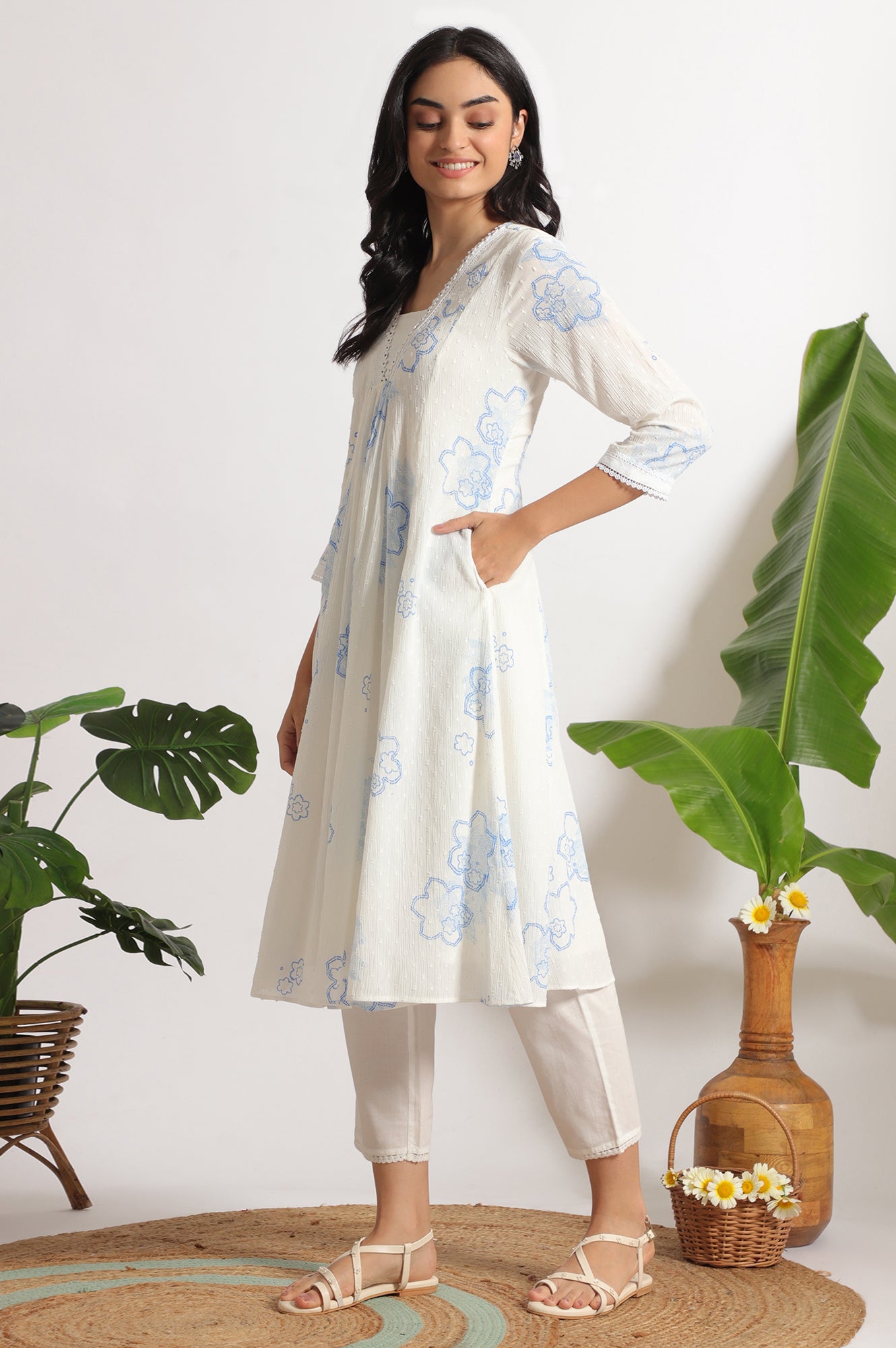 White Floral Printed Cotton Swiss Dot Kurta and Pants Co-ord Set