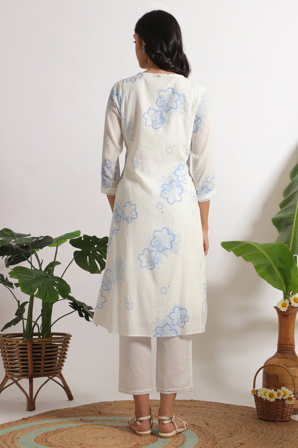 White Floral Printed Cotton Swiss Dot Kurta and Pants Co-ord Set