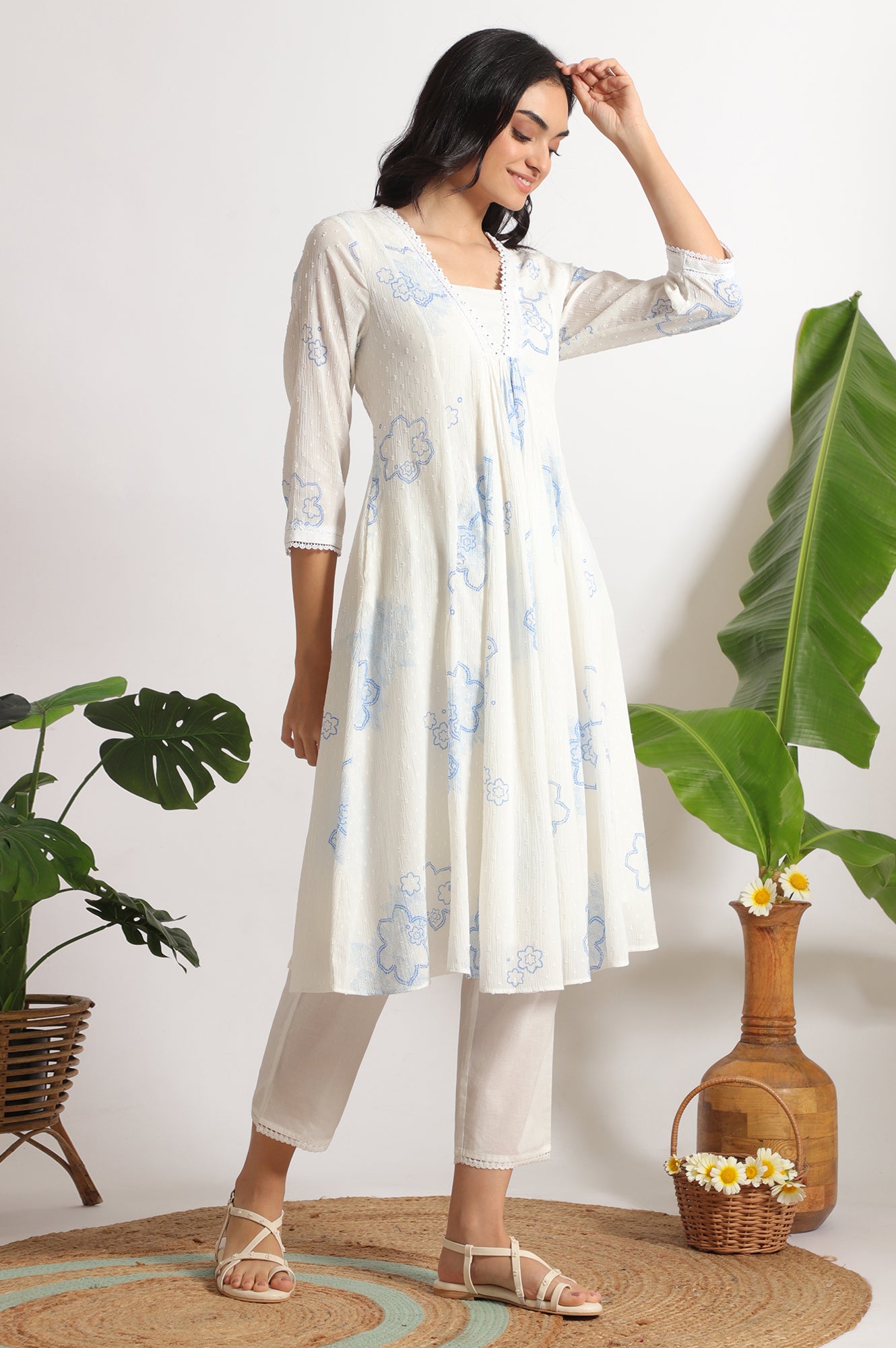 White Floral Printed Cotton Swiss Dot Kurta and Pants Co-ord Set