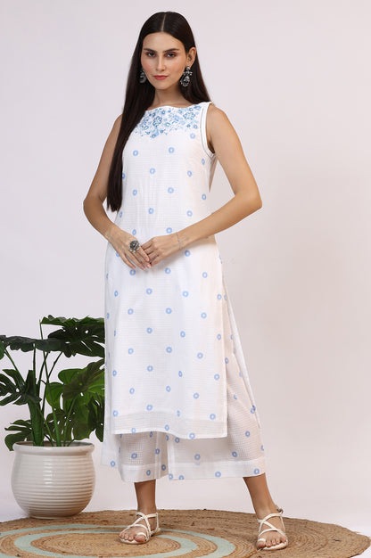 White Checker Embroidered Straight Kurta and Flared Pants Co-ord Set