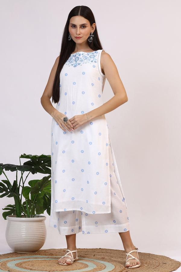 White Checker Embroidered Straight Kurta and Flared Pants Co-ord Set