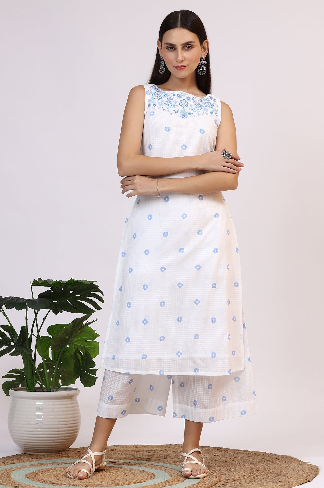 White Checker Embroidered Straight Kurta and Flared Pants Co-ord Set