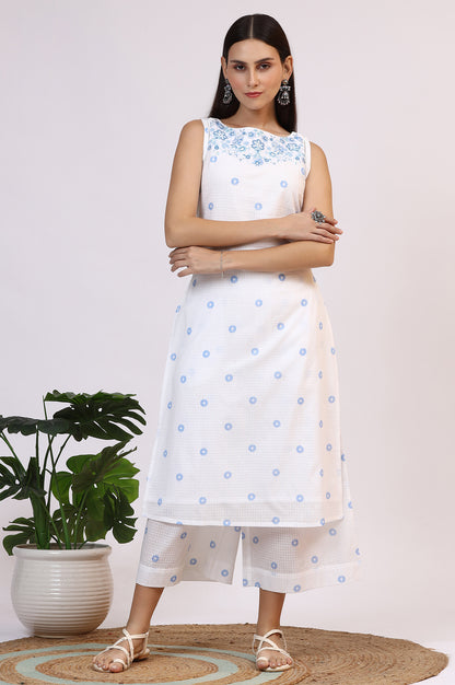 White Checker Embroidered Straight Kurta and Flared Pants Co-ord Set