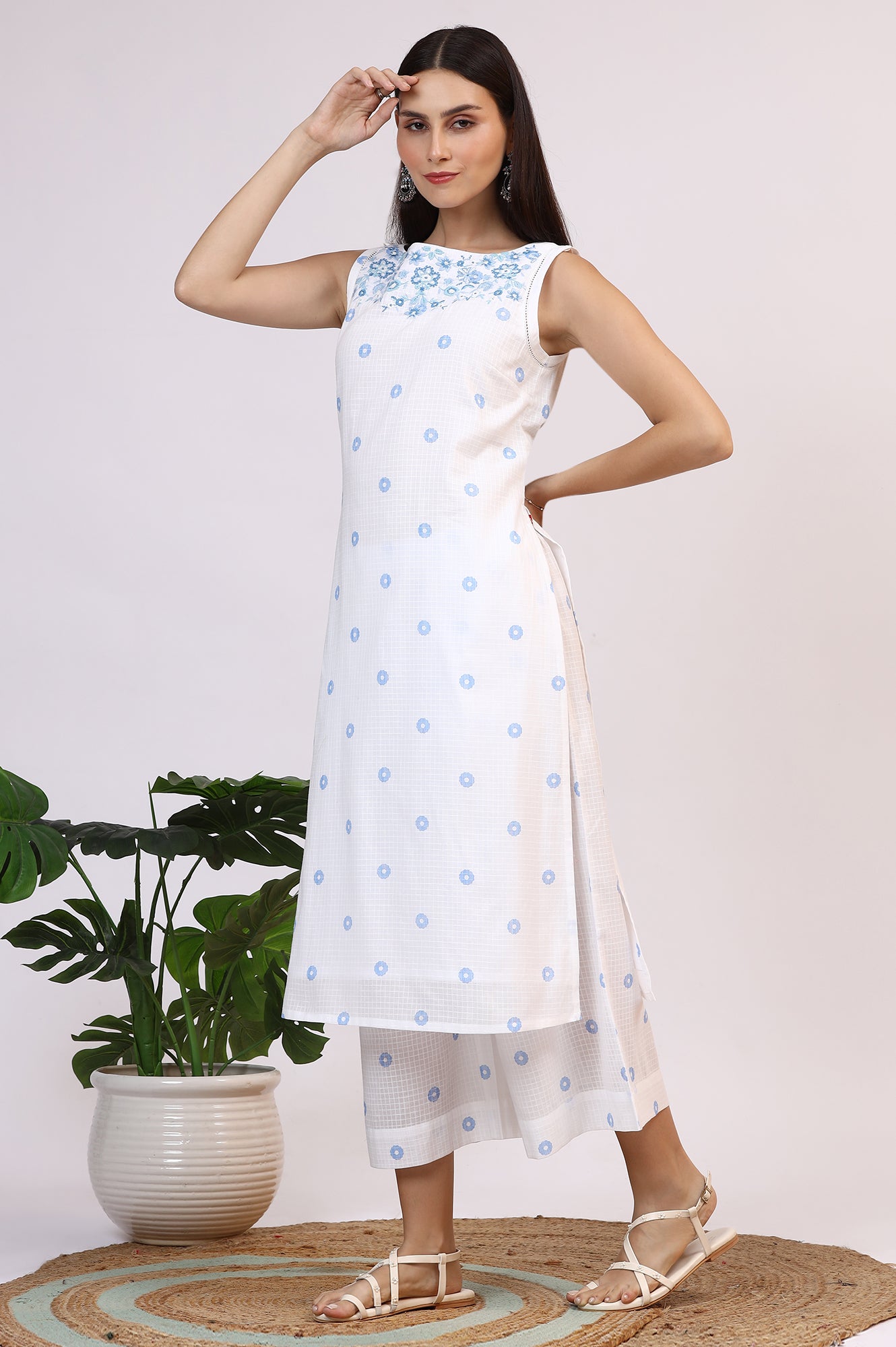 White Checker Embroidered Straight Kurta and Flared Pants Co-ord Set