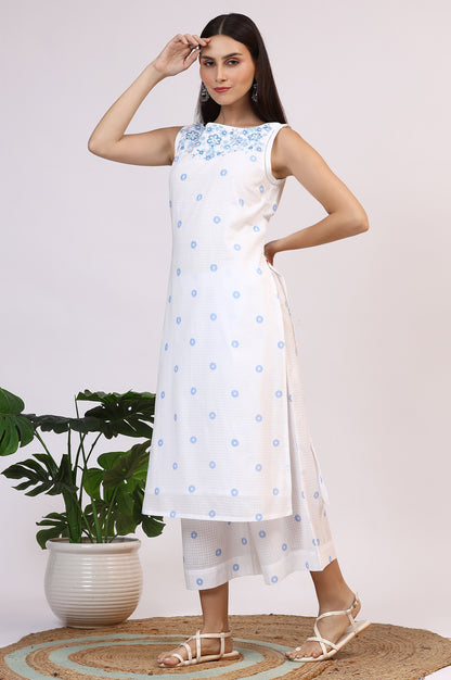 White Checker Embroidered Straight Kurta and Flared Pants Co-ord Set