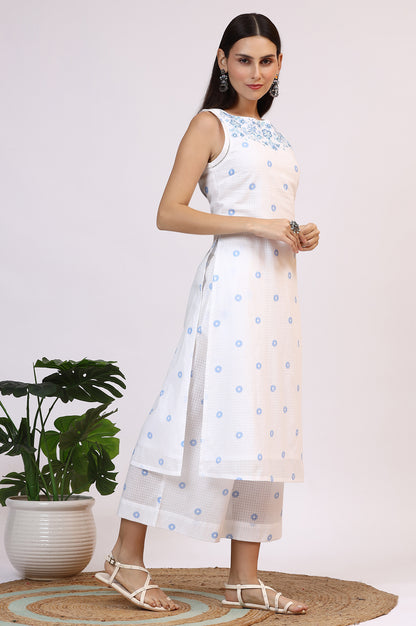 White Checker Embroidered Straight Kurta and Flared Pants Co-ord Set