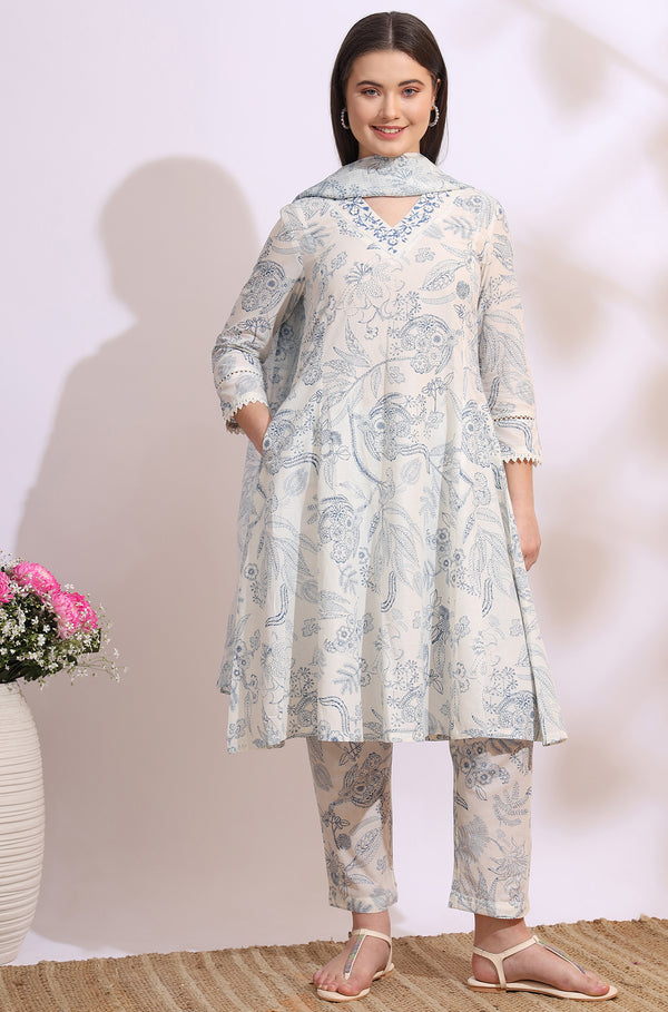 White Floral Printed Pure Cotton Anarkali Kurta, Pants Set with Dupatta