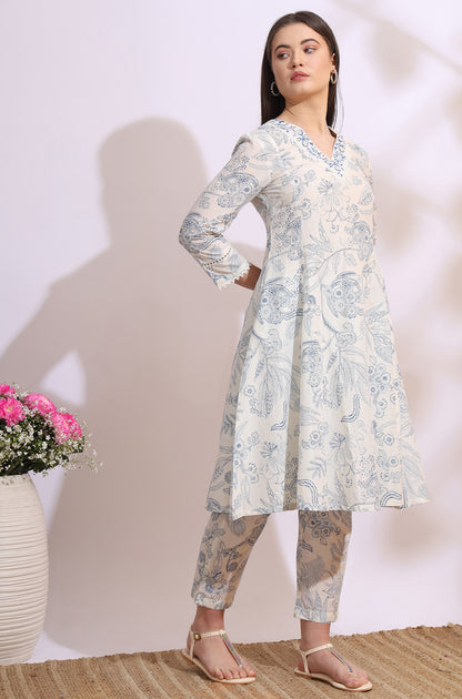 White Floral Printed Pure Cotton Anarkali Kurta, Pants Set with Dupatta