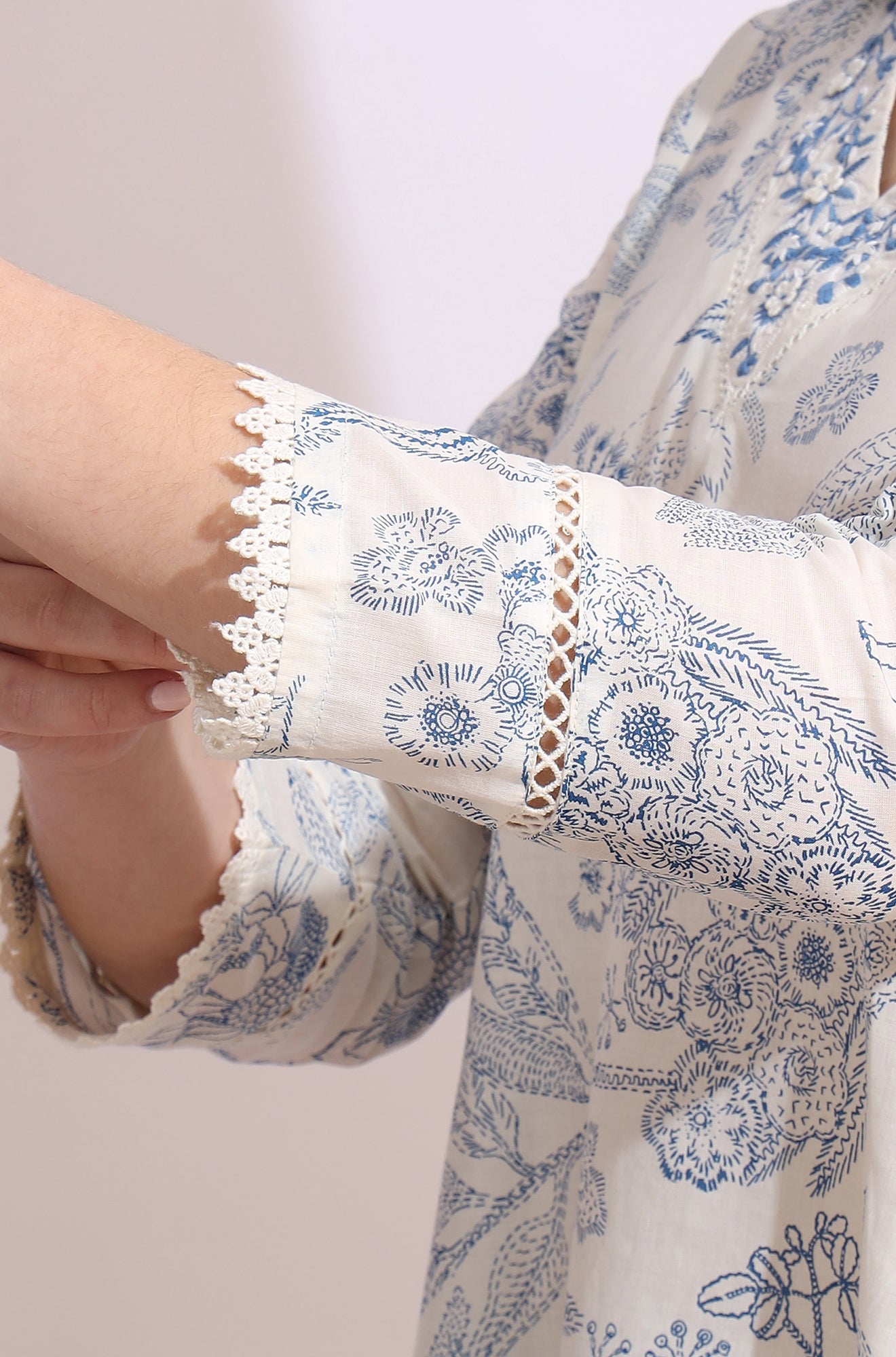 White Floral Printed Pure Cotton Anarkali Kurta, Pants Set with Dupatta