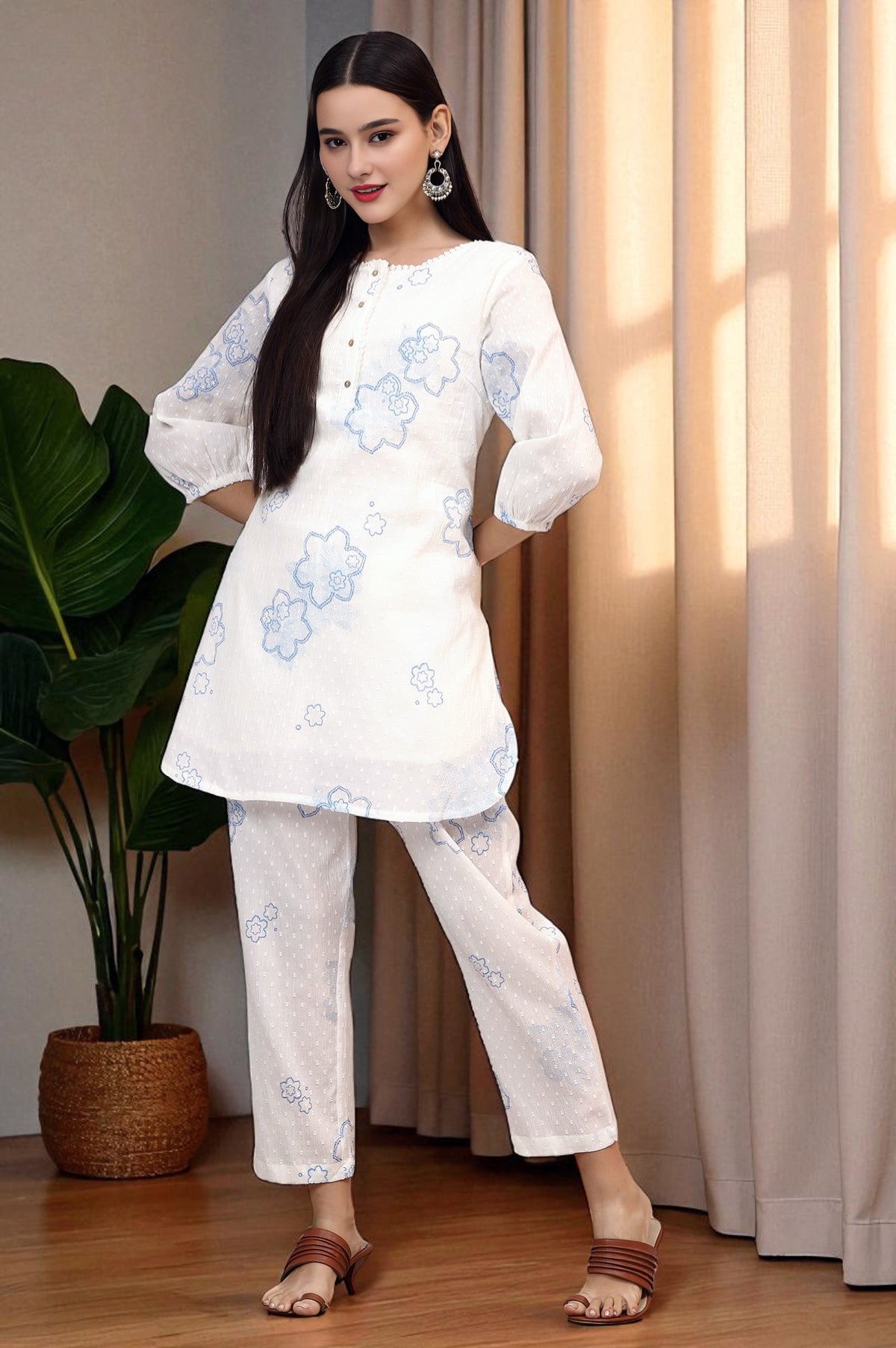White Printed Pure Cotton Swiss Dot Straight Tunic and Straight Pants Co-ord Set - S