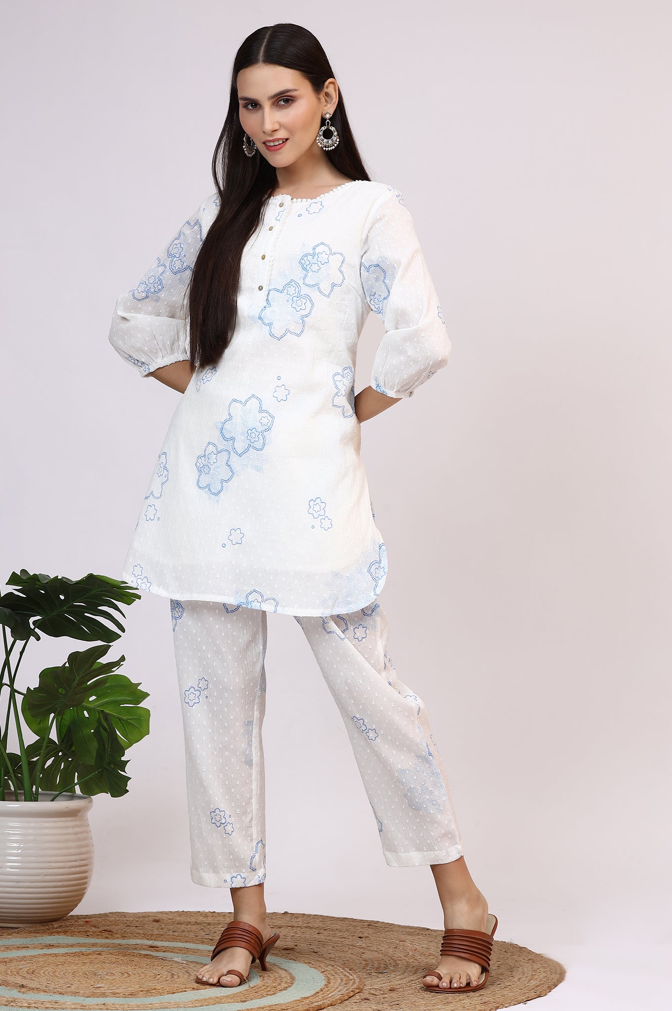 White Printed Pure Cotton Swiss Dot Straight Tunic and Straight Pants Co-ord Set