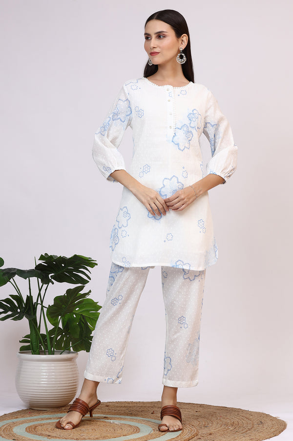 White Printed Pure Cotton Swiss Dot Straight Tunic and Straight Pants Co-ord Set