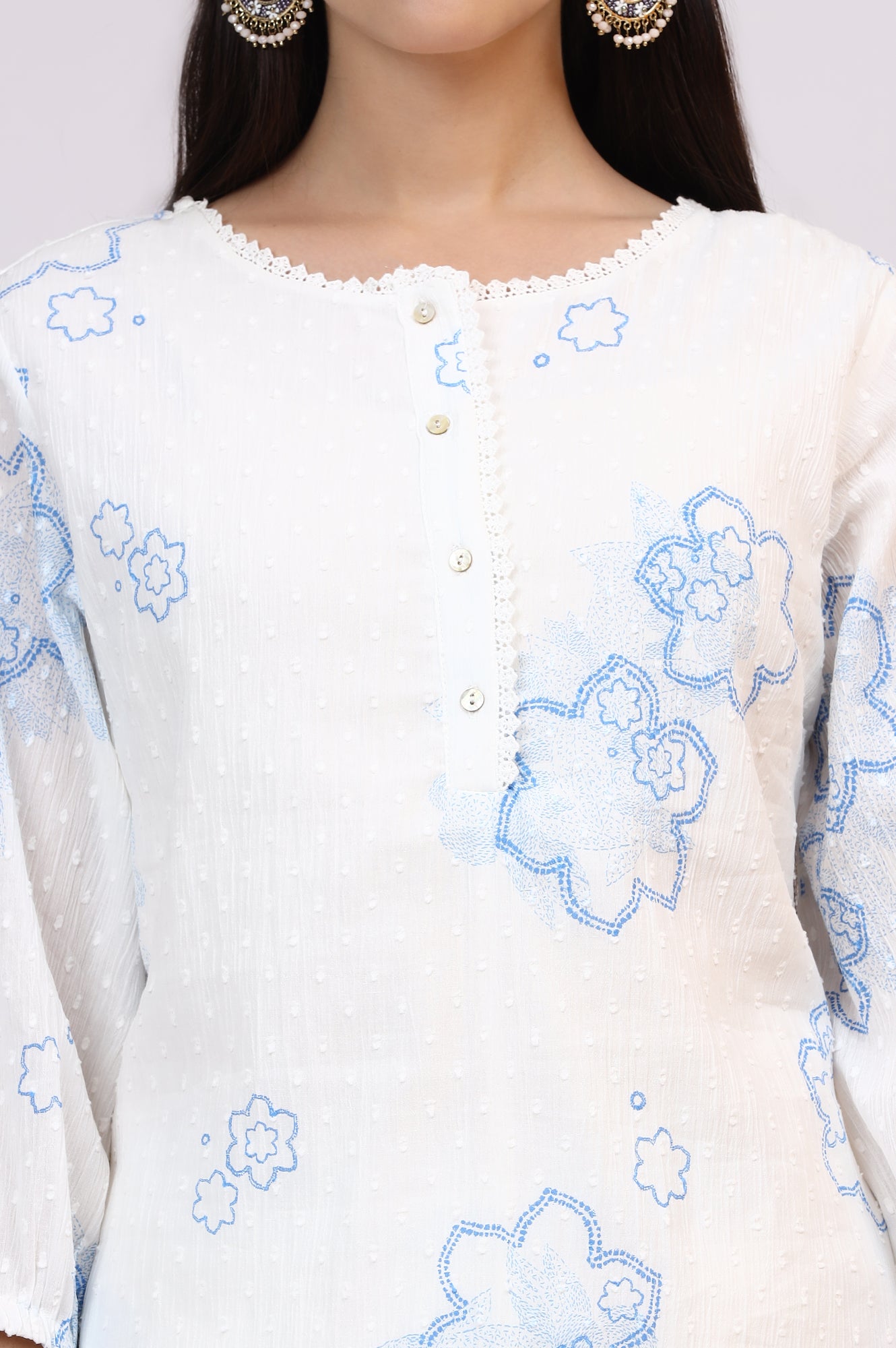 White Printed Pure Cotton Swiss Dot Straight Tunic and Straight Pants Co-ord Set