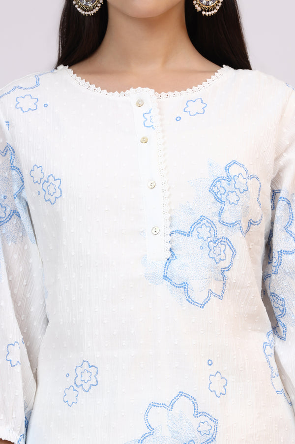 White Printed Pure Cotton Swiss Dot Straight Tunic and Straight Pants Co-ord Set