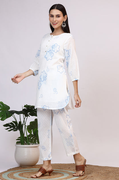 White Printed Pure Cotton Swiss Dot Straight Tunic and Straight Pants Co-ord Set