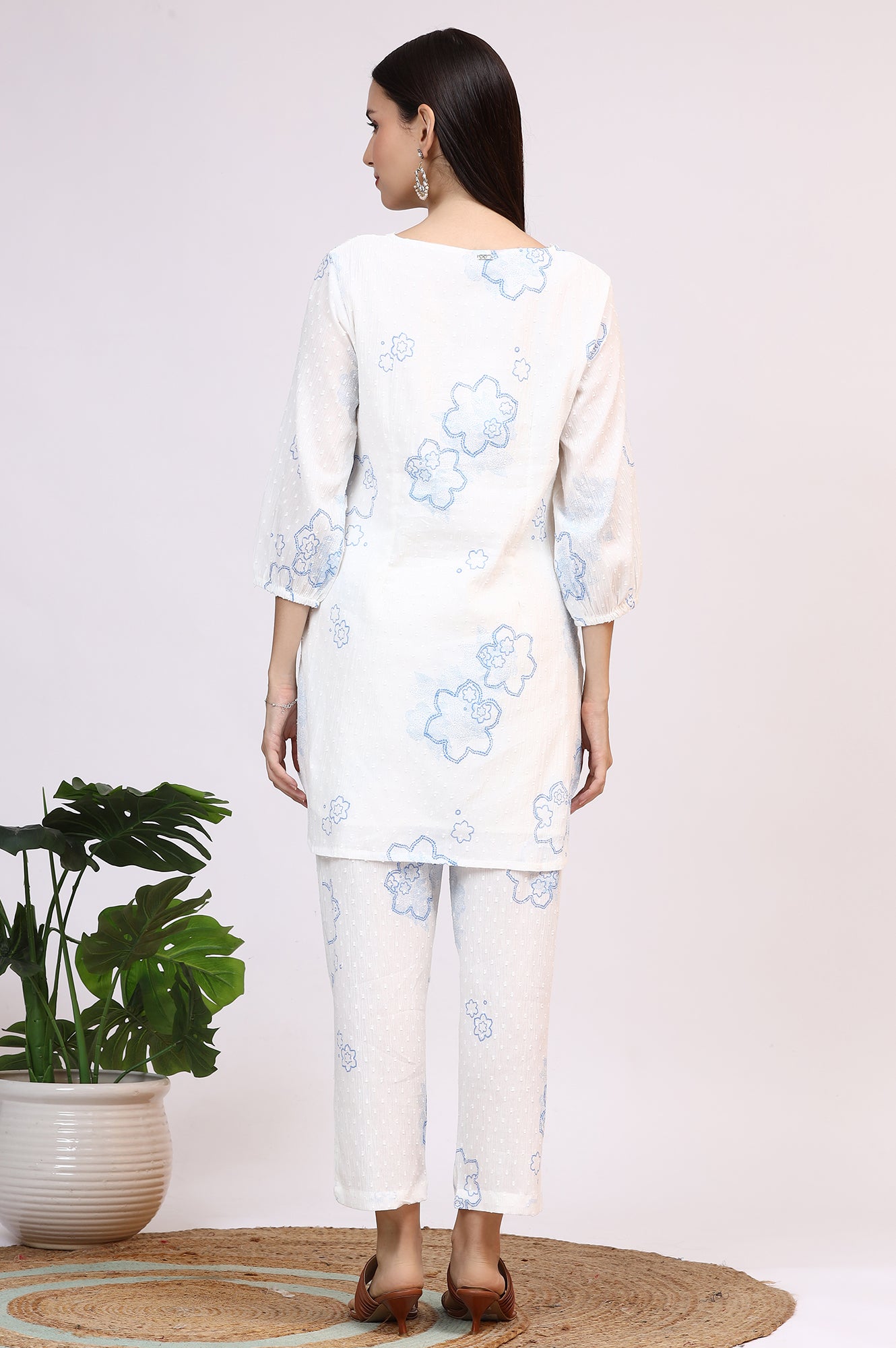 White Printed Pure Cotton Swiss Dot Straight Tunic and Straight Pants Co-ord Set