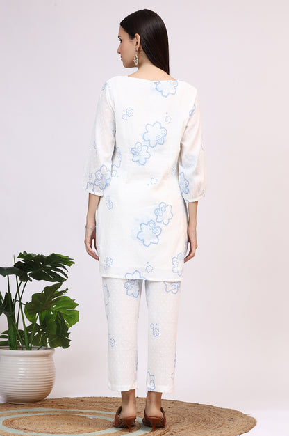 White Printed Pure Cotton Swiss Dot Straight Tunic and Straight Pants Co-ord Set
