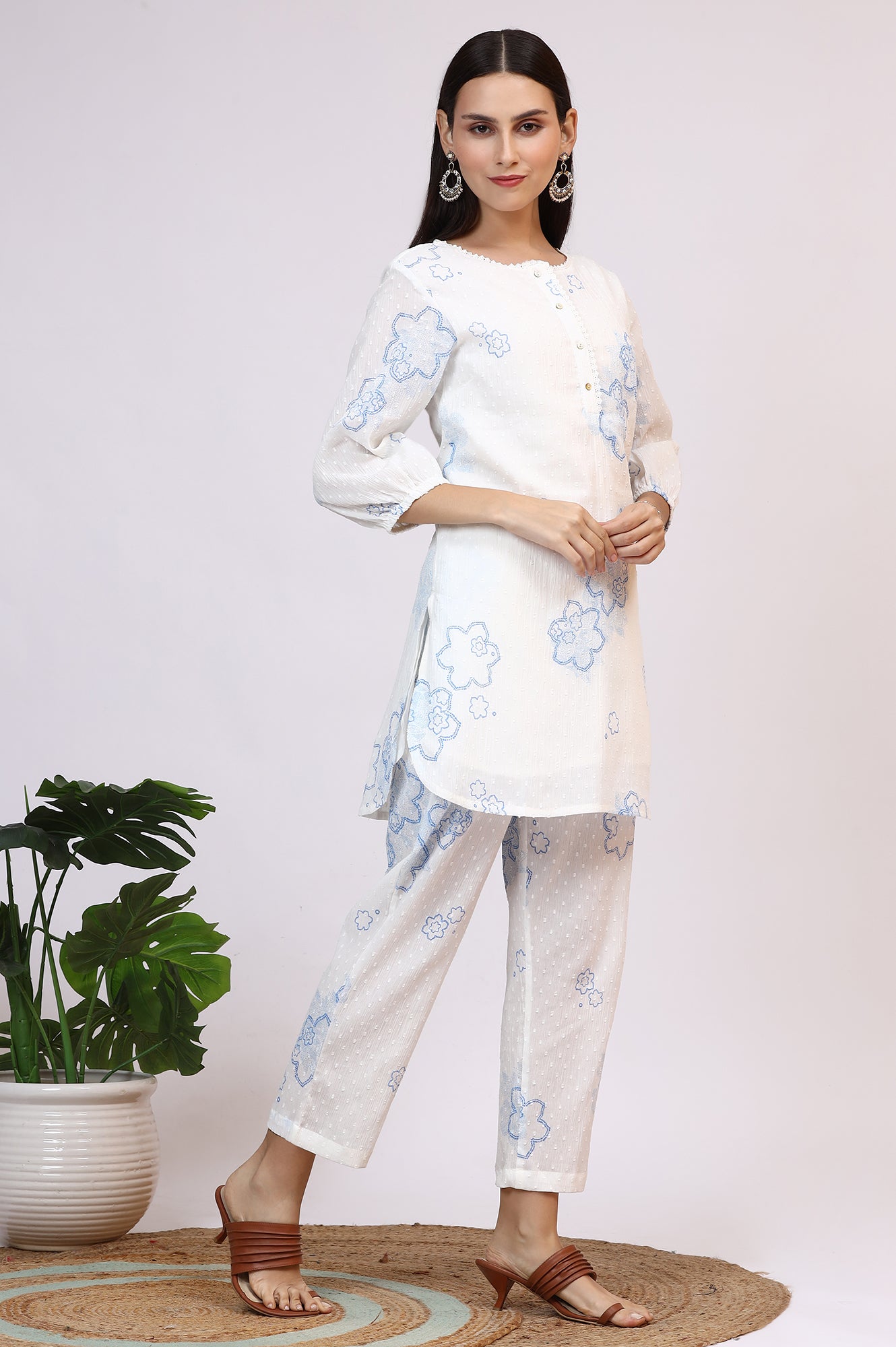 White Printed Pure Cotton Swiss Dot Straight Tunic and Straight Pants Co-ord Set