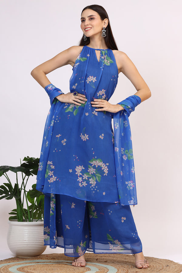 Blue Floral Printed Halter Neck Chiffon Kurta with Flared Pants and Dupatta Set