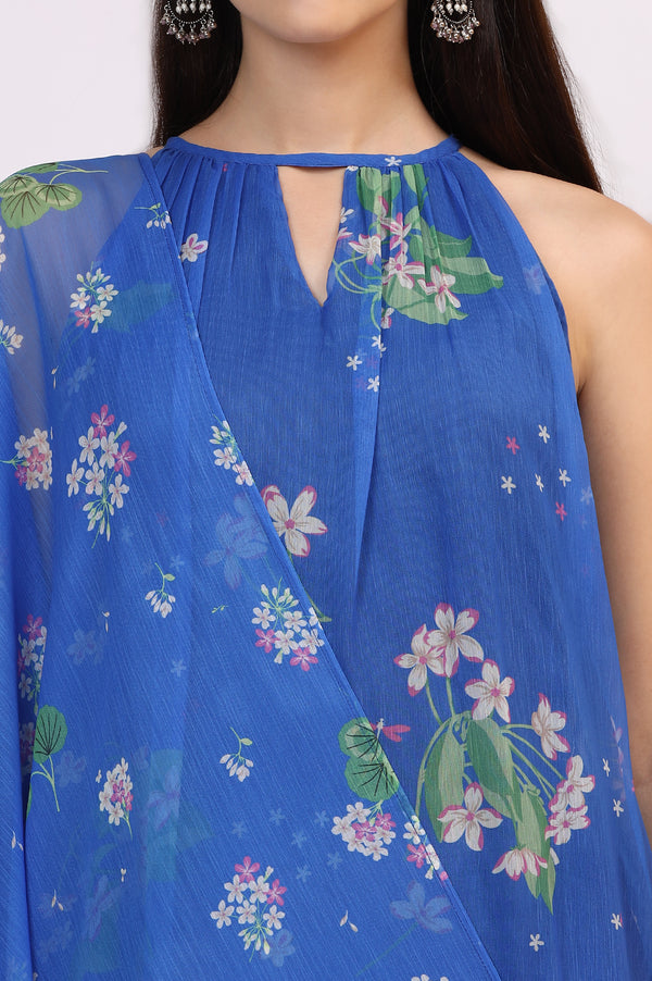 Blue Floral Printed Halter Neck Chiffon Kurta with Flared Pants and Dupatta Set