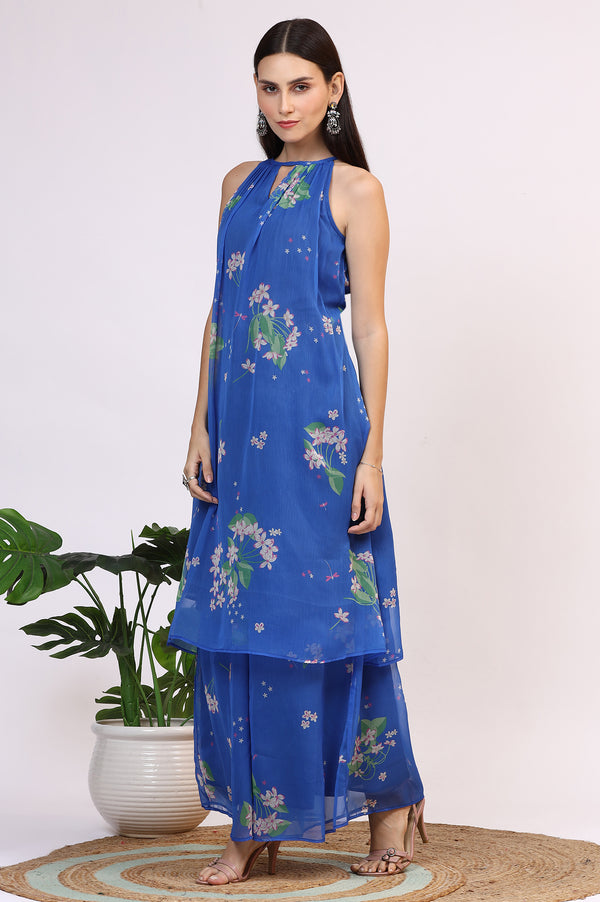 Blue Floral Printed Halter Neck Chiffon Kurta with Flared Pants and Dupatta Set