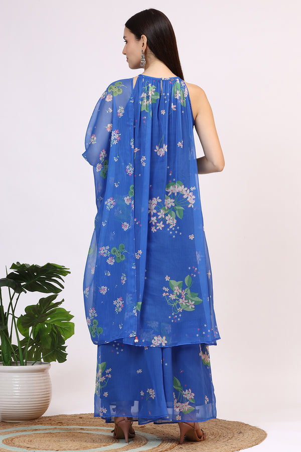 Blue Floral Printed Halter Neck Chiffon Kurta with Flared Pants and Dupatta Set
