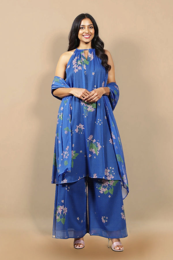 Blue Floral Printed Halter Neck Chiffon Kurta with Flared Pants and Dupatta Set