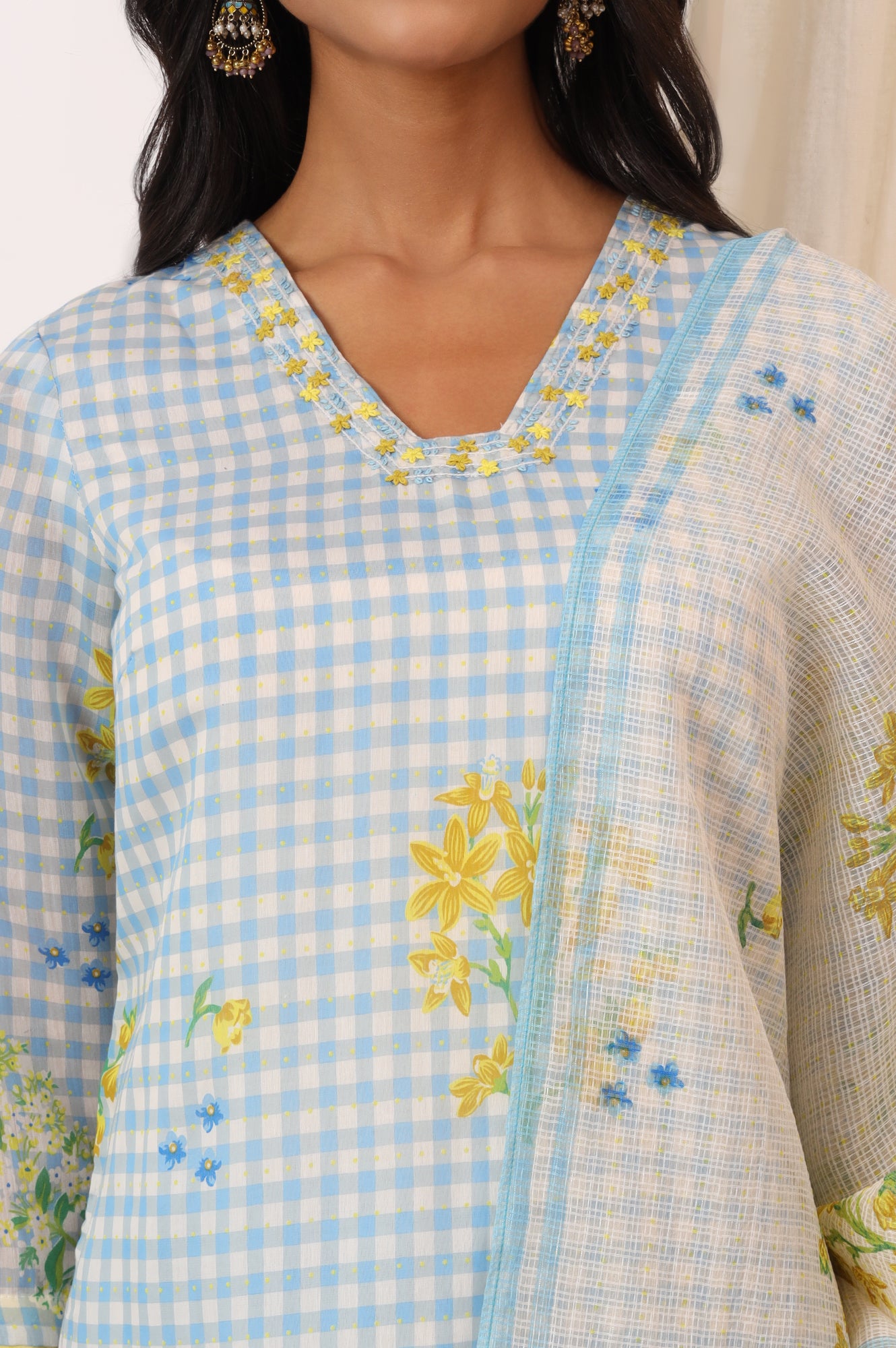 Blue Checker Chanderi Straight Kurta, Pants and Dupatta Set