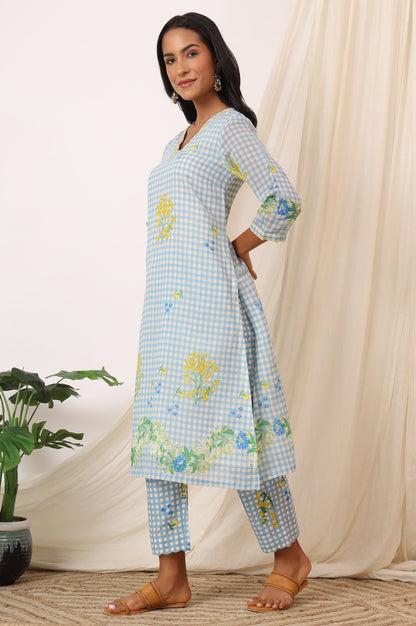 Blue Checker Chanderi Straight Kurta, Pants and Dupatta Set