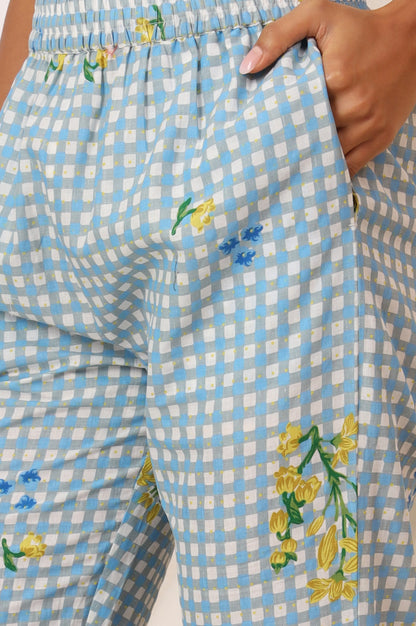 Blue Checker Chanderi Straight Kurta, Pants and Dupatta Set