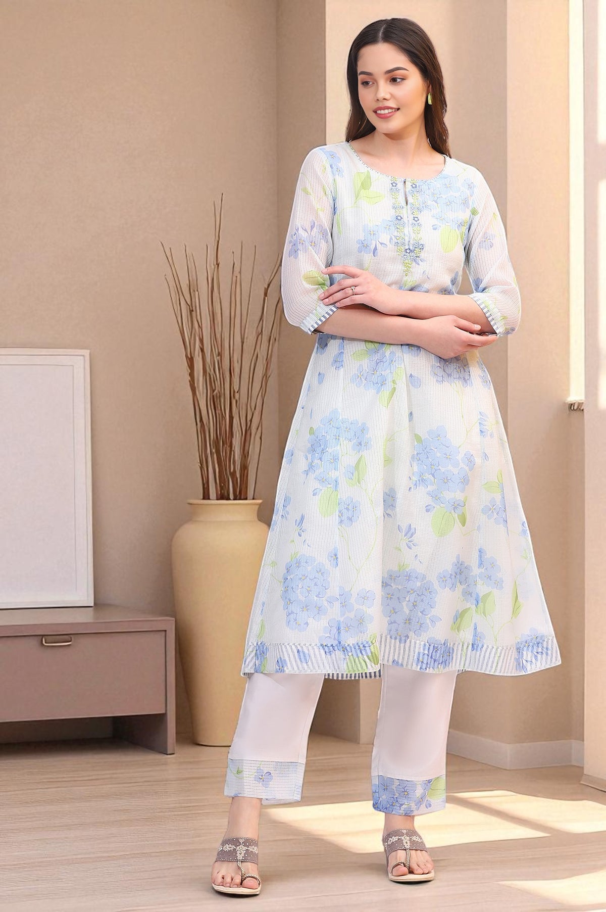 White Floral Printed Flared Kota Kurta and Straight Pants Set - L