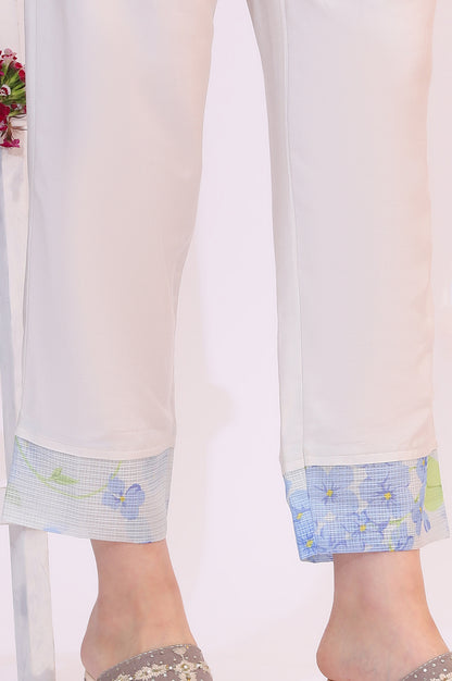 White Floral Printed Flared Kota Kurta and Straight Pants Set