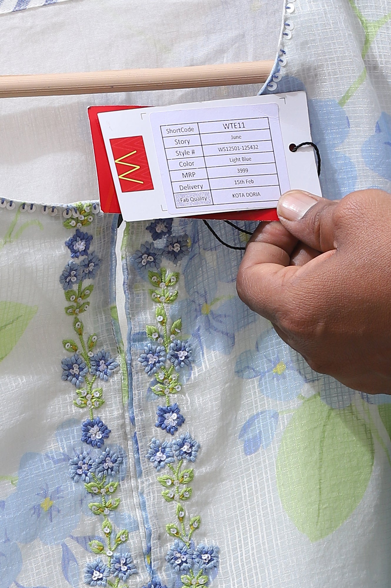 White Floral Printed Flared Kota Kurta and Straight Pants Set