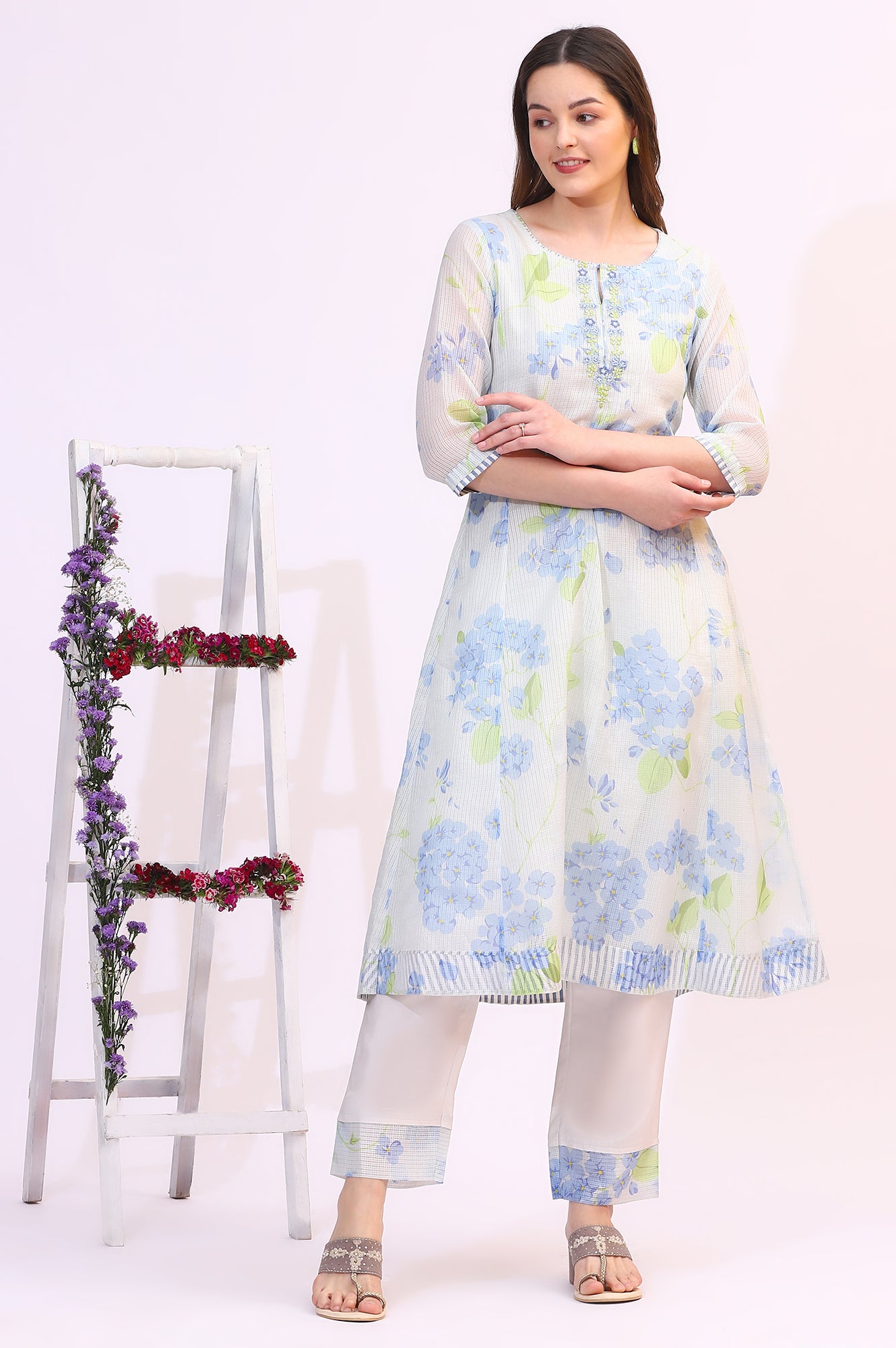 White Floral Printed Flared Kota Kurta and Straight Pants Set