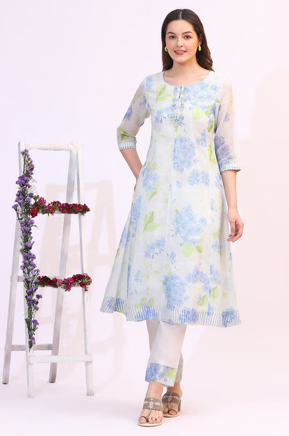 White Floral Printed Flared Kota Kurta and Straight Pants Set