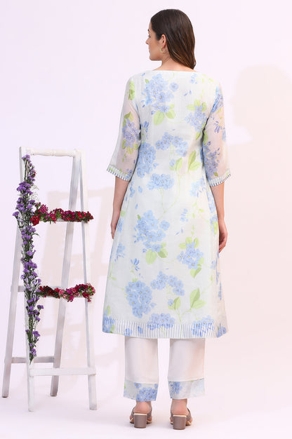 White Floral Printed Flared Kota Kurta and Straight Pants Set