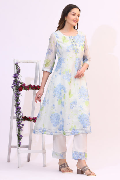 White Floral Printed Flared Kota Kurta and Straight Pants Set