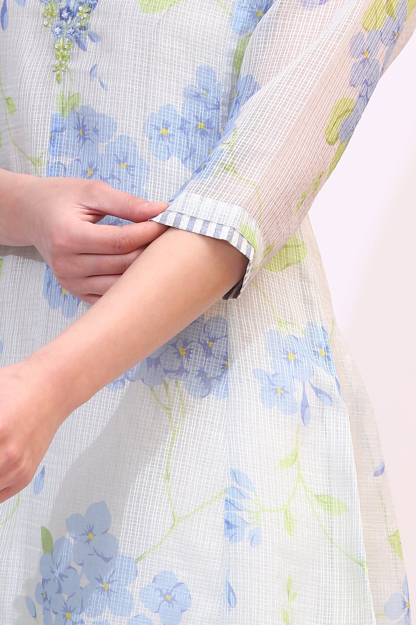 White Floral Printed Flared Kota Kurta and Straight Pants Set