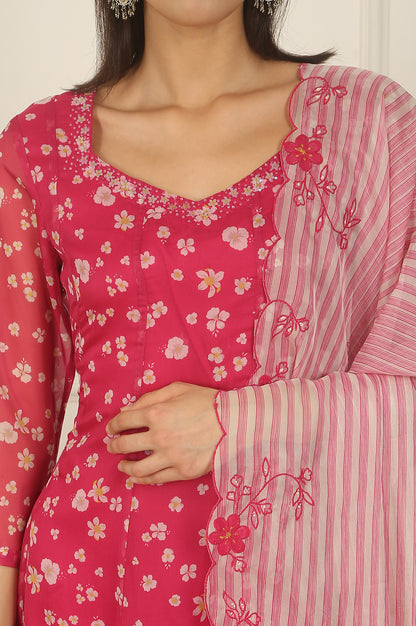 Pink Floral Printed Organza Anarkali Kurta, Pants and Dupatta Set