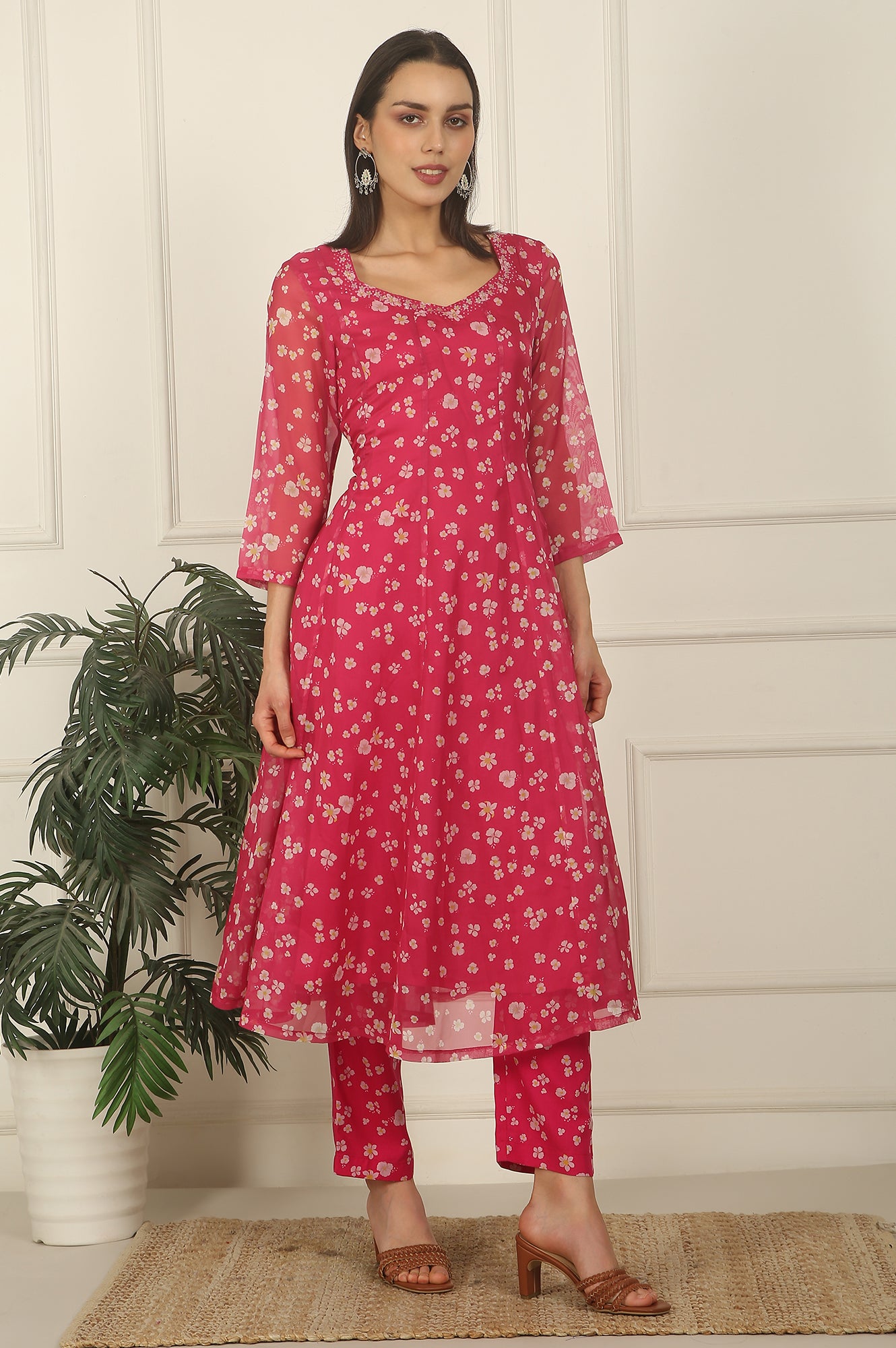 Pink Floral Printed Organza Anarkali Kurta, Pants and Dupatta Set