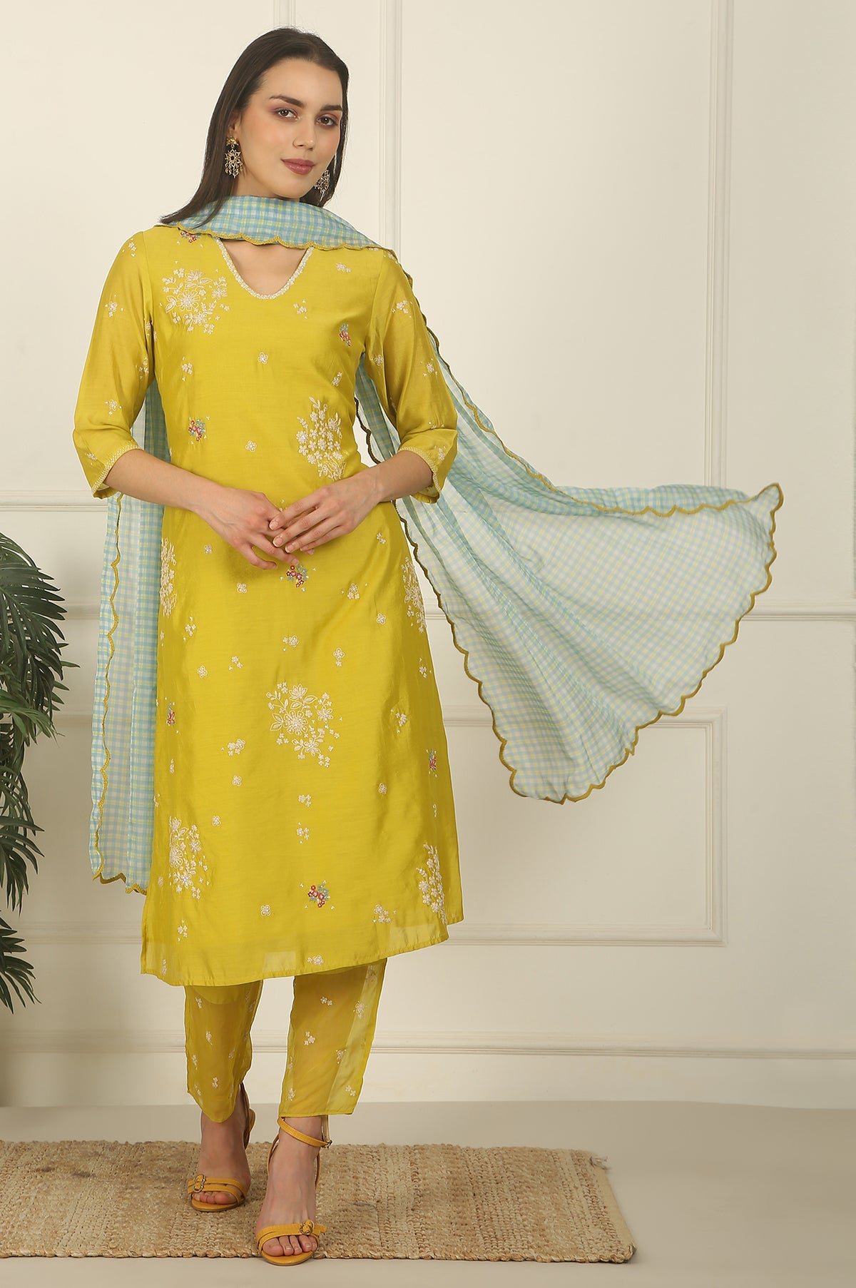 Celery Green Embroidered Chanderi Straight Kurta, Pants and Dupatta Set - XS