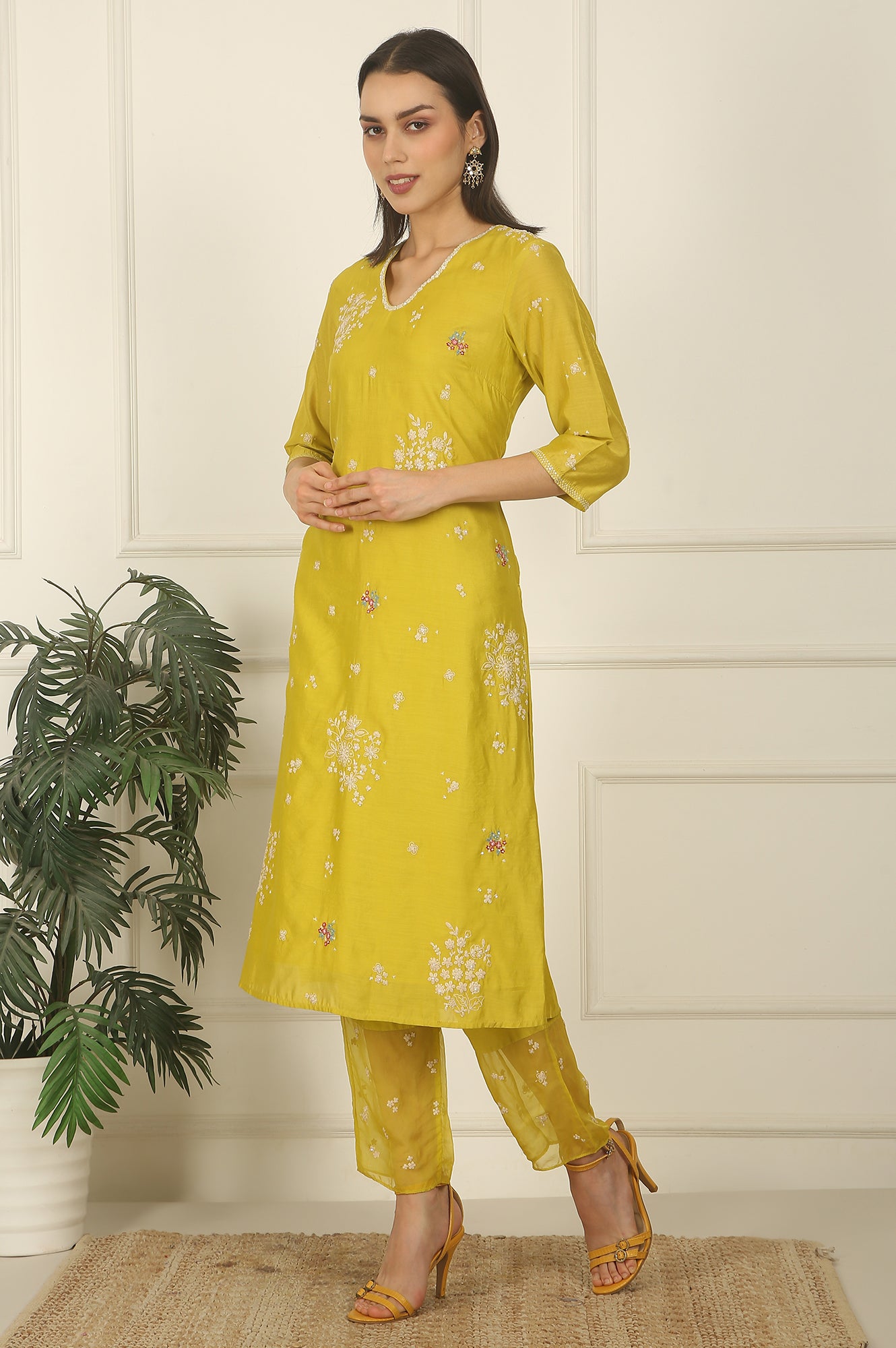 Celery Green Embroidered Chanderi Straight Kurta, Pants and Dupatta Set