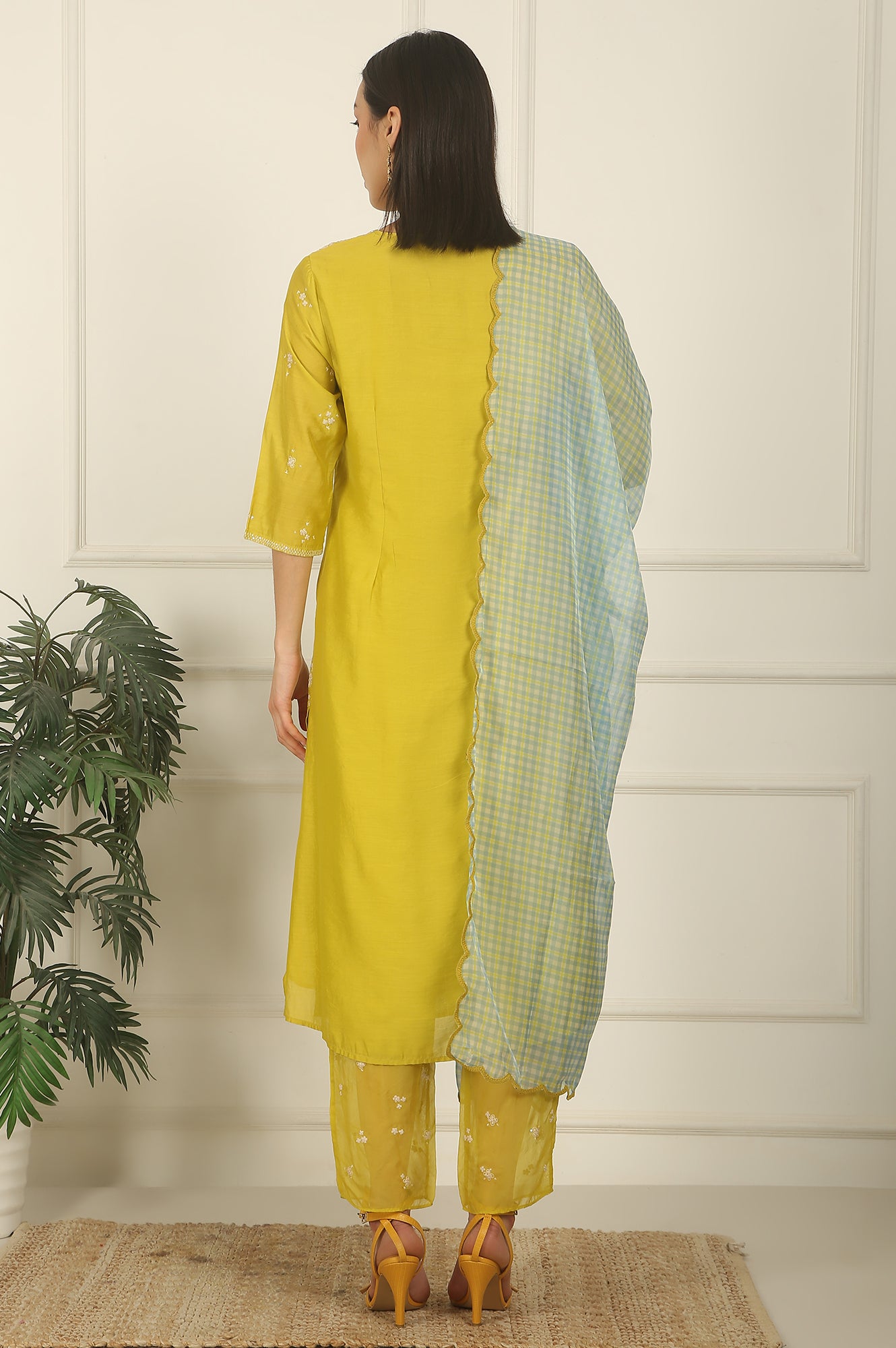 Celery Green Embroidered Chanderi Straight Kurta, Pants and Dupatta Set