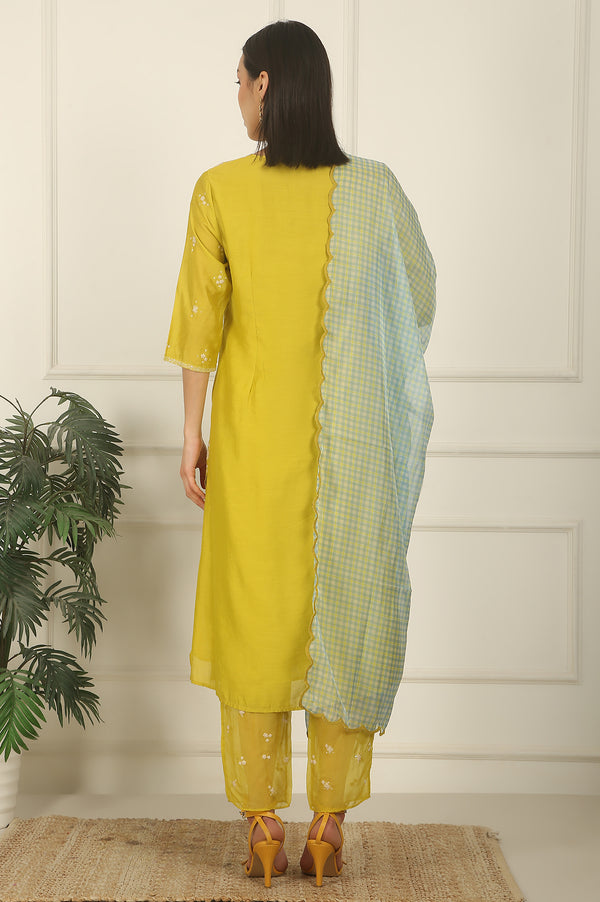 Celery Green Embroidered Chanderi Straight Kurta, Pants and Dupatta Set