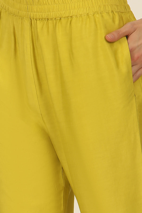 Celery Green Embroidered Chanderi Straight Kurta, Pants and Dupatta Set