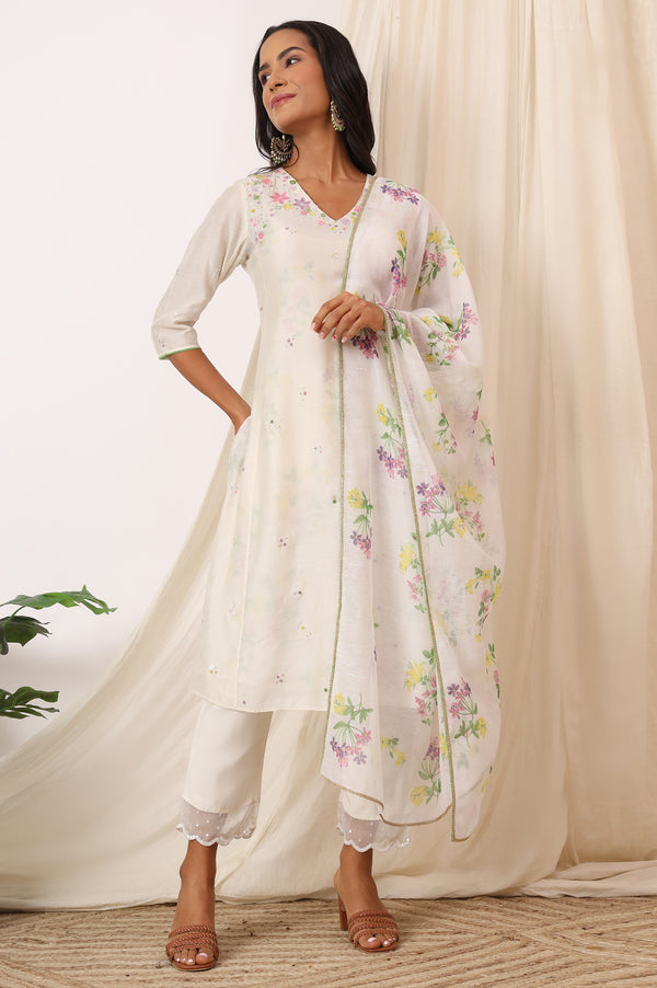 White Embroidered Chanderi A-line Kurta, Pants and Dupatta Set